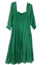 Ladies CROWN & IVY Green Smocked Long Ruffled Dress - Size L - $99 -NWT