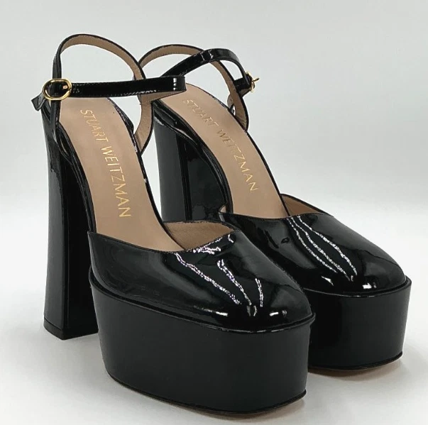 Stuart Weitzman Skyhigh 145 女式 10 码黑色踝带高跟鞋 — 第 3/4 张图片