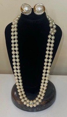 VTG CINER 2 Strand Glass Pearl Necklace, glass Pearl N Rhinestone Earrings -24 