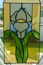 VTG Handmade Stained Glass Suncatcher Panel, Lily Floral Design.