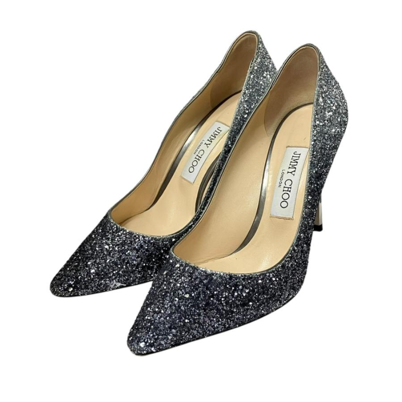 【美品】ジミーチュウ ROMY 100 グリッターパンプス 37 シルバー JIMMY CHOO ROMY 100 Silver Glitter Pointed Toe Pumps [US7.5/VG