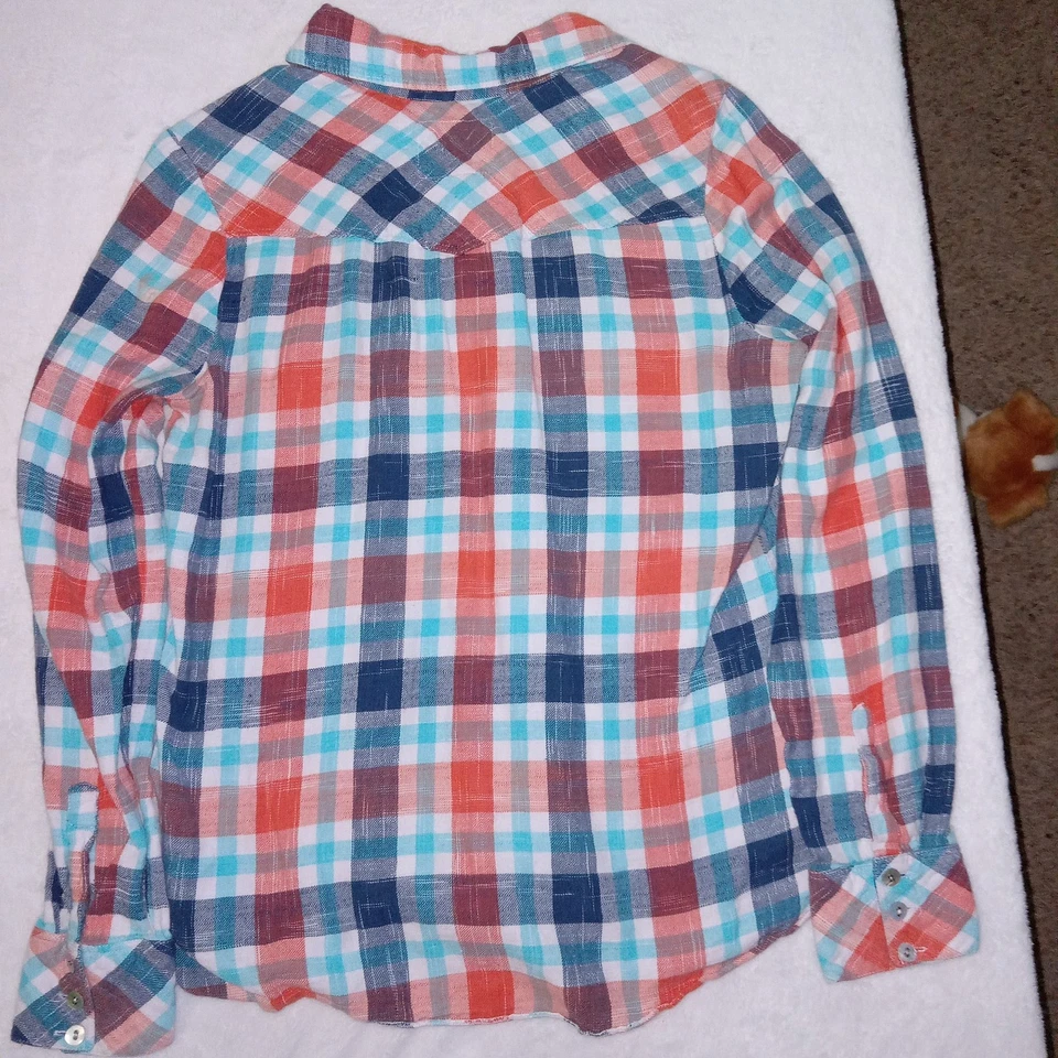 Element Skate Button Down Boys Size Large Orange Blue Plaid Flannel - Image 3 of 4