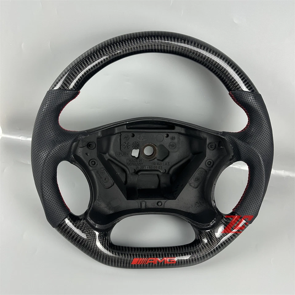 Volante de fibra de carbono para Mercedes-Benz C32 AMG 2002-2004 cuero negro Foto 3 de 4