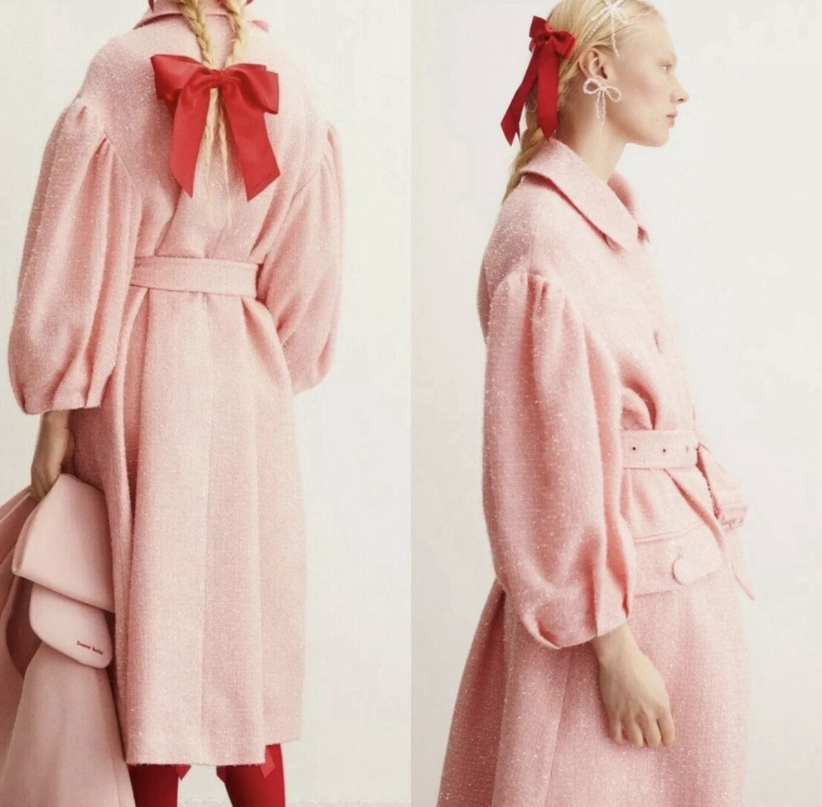 Simone Rocha X H&M Pink Tinsel Detail Tweed Coat Pink Belted Size