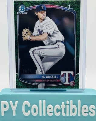 AJ RUSSELL /99 GREEN GRASS 2025 Bowman Draft 2nd Rd Pick Rangers #BDC-51