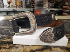 VINTAGE WESTERN RANGER BELT BUCKLE & KEEPER LEATHER BELT ( SIZE: 34'' )