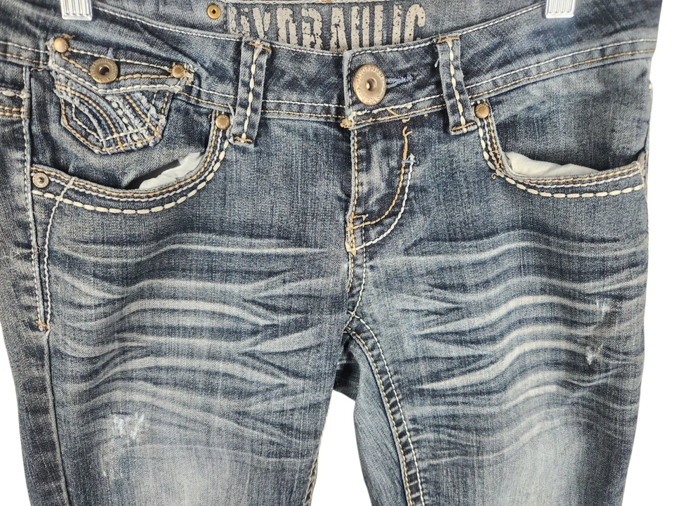 Pantalones de mezclilla para mujer hidráulicos desgastados talla 3/4 elásticos acampanados bolsillos bordados Foto 2 de 4