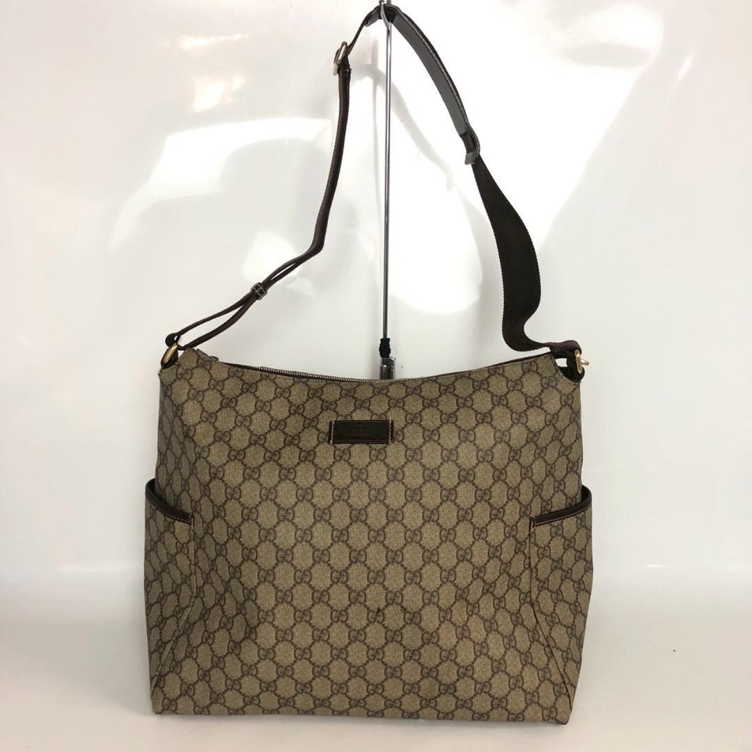 GUCCI GG Shoulder Bag Ziplock Leather PVC Brown Beige Gold Hardware From Japan