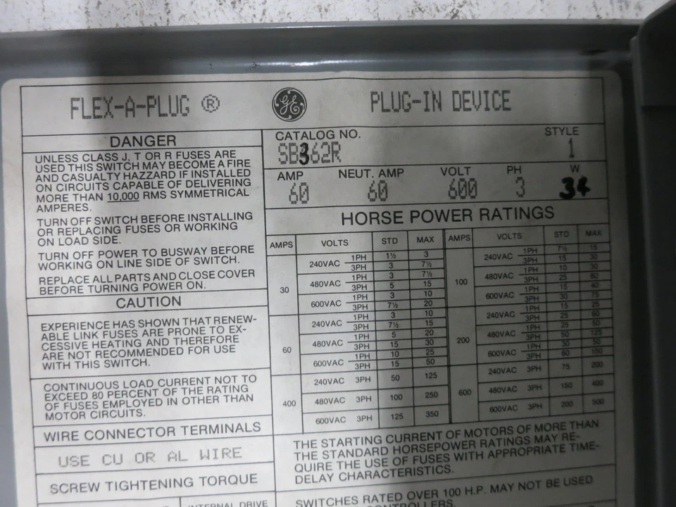 通用电气 SB362R 60A 600V Spectra Flex-A-Plug 可熔总线插头 3PH 3W 60 安培 1 — 第 2/4 张图片