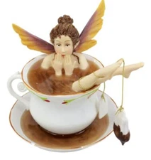 Ebros Magical Encounters Shocked Fairy Bathing in Tea Cup Figurine 5" H