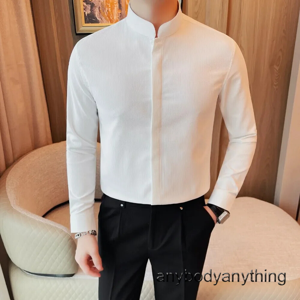 hidden button collar dress shirts down Hidden Button Shirts 100% Egyptian Cotton Thread Count Men Standing Collar Shirt Long