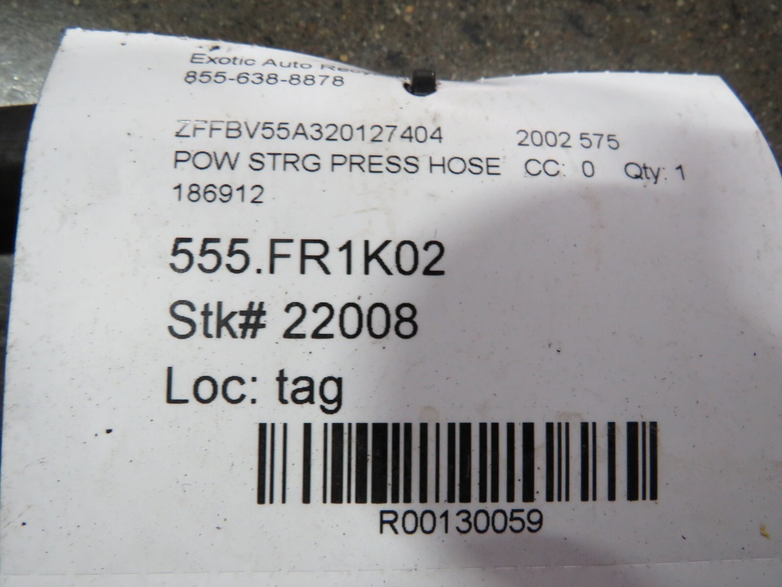 Ferrari 575, Power Steering Hose, Used, P/N 186912