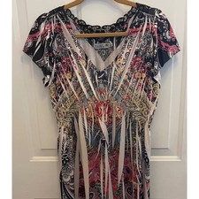 Unity World Wear Paisley Print Empire Waist Lace Trim Dress Womens Petite L