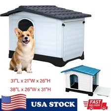 2-Door Dog House for Indoor Outdoor Dog House with Fold-Out Porch Elevated Base