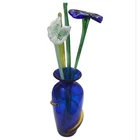 Richard Blenko Vintage Glasss Vase Elegant Blue Glass Gold Accent And Flowers
