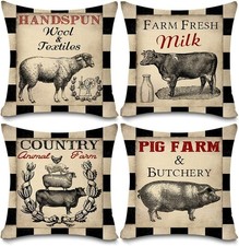 Vintage Farmhouse Animal Pillow Covers Black Buffalo Plaids Country Animal Fa...