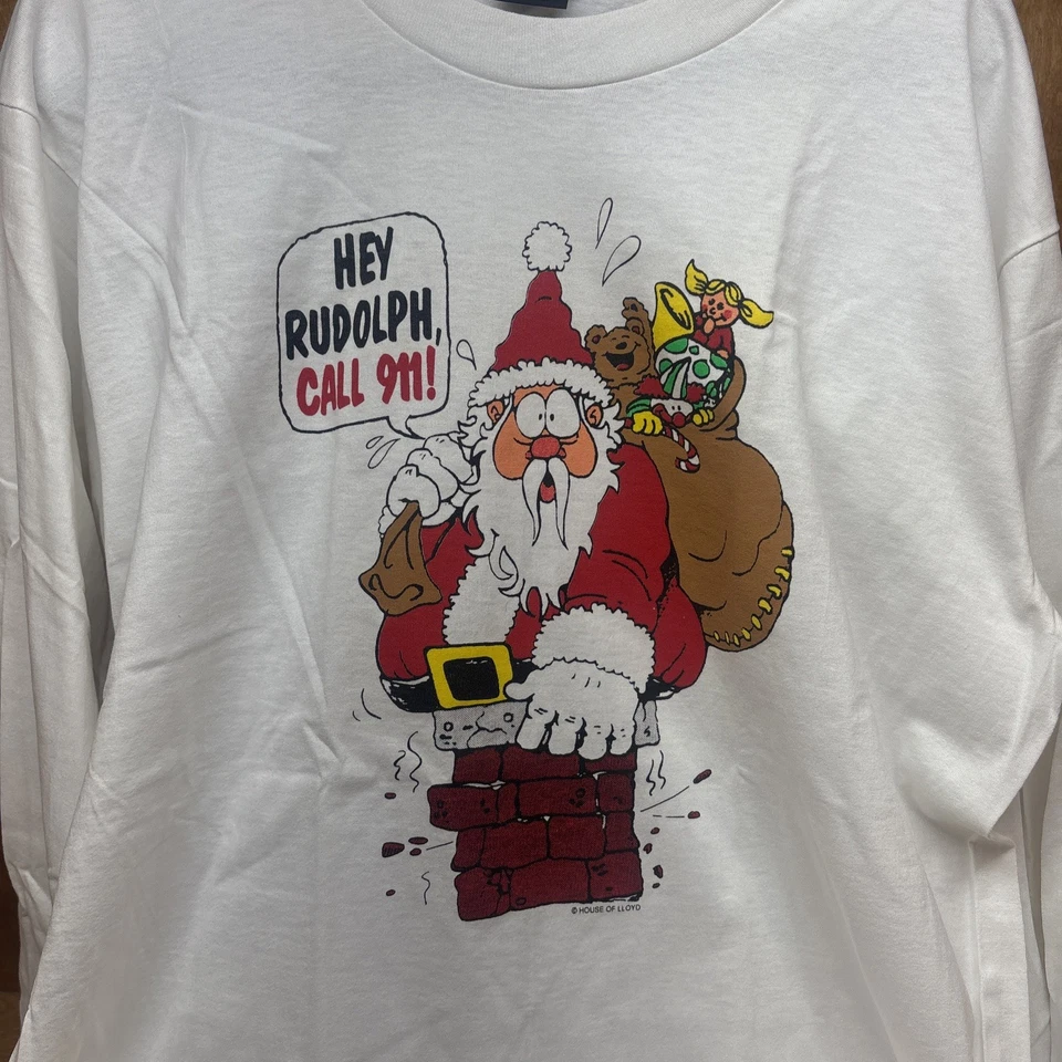 New Santa Claus T Shirt Mens XL Humor Rudolph Call 911 Christmas Vintage - Image 3 of 4