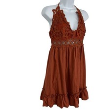 Shein Curve Vacay Spaghetti Strap Mini Dress Size XL Rust Crochet Lace Tie
