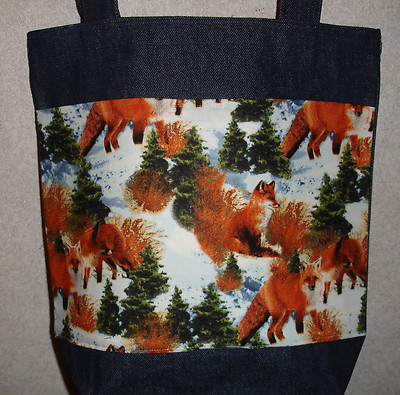 New Handmade Medium Fox Foxes Winter Wildlife Denim Tote Bag