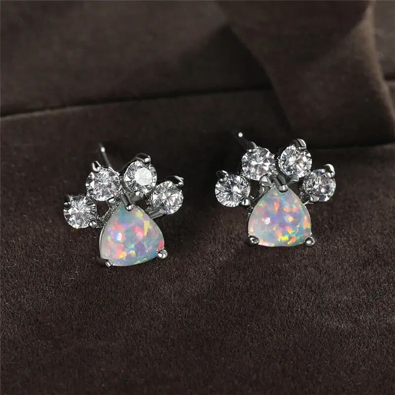 Cute Animal Paw Design With Shiny Opal Decor Stud Earrings Cute Y2K Style Copper