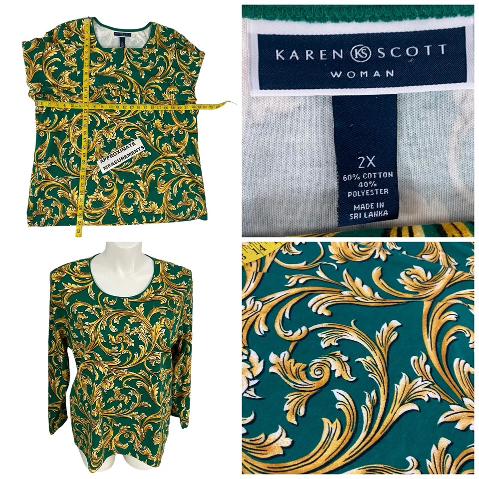 Karen Scott Top Womens 2X Shirt Green Paisley Work Office Casual Church Knit - Image 2 of 4