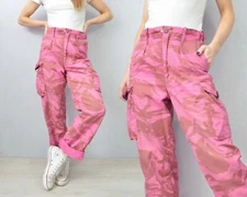 Unisex British Pink Camo Pants High Waisted Straight Leg Unisex Army - XS S M L