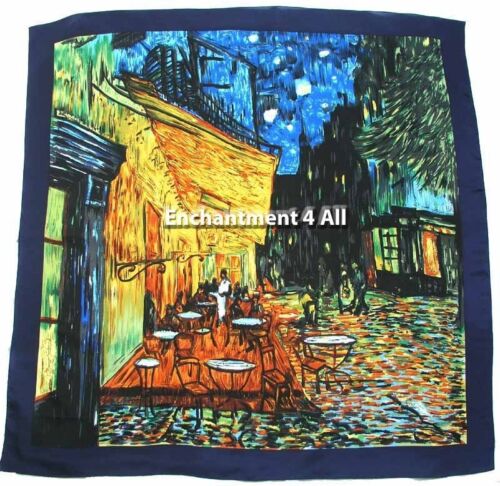 Handmade 35"x35" 100% Silk Art Scarf Wrap w/ Van Gogh's "Cafe Terrace At Night"