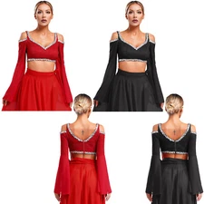 Women Shirts Arab Blouse Sequin Shirt Stage Tops Performance Crop Top Glittery