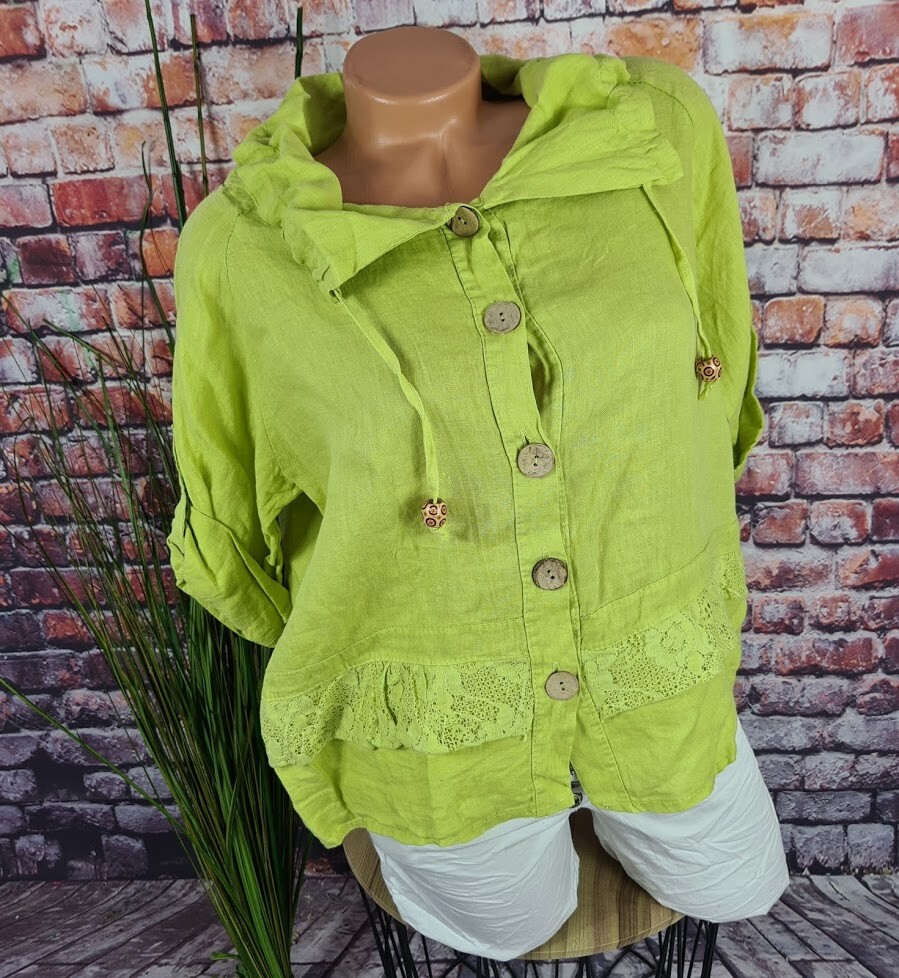Damen Kurzjacke Bolero Shirt 100 Leinen Spitze lagenlook Grün L 40