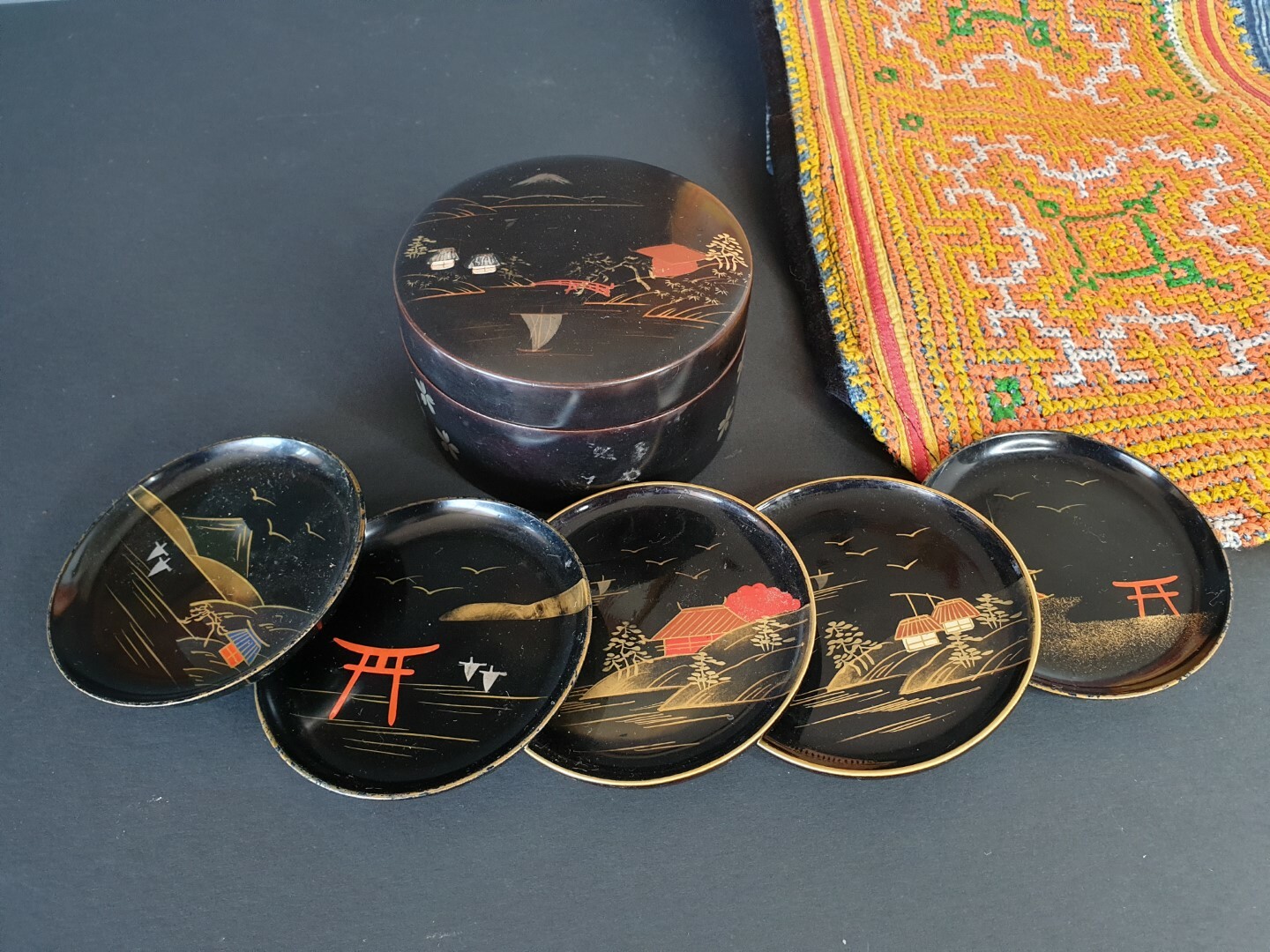 Old Japanese Coaster Set in Round Box …beautiful accent and collection item eBay