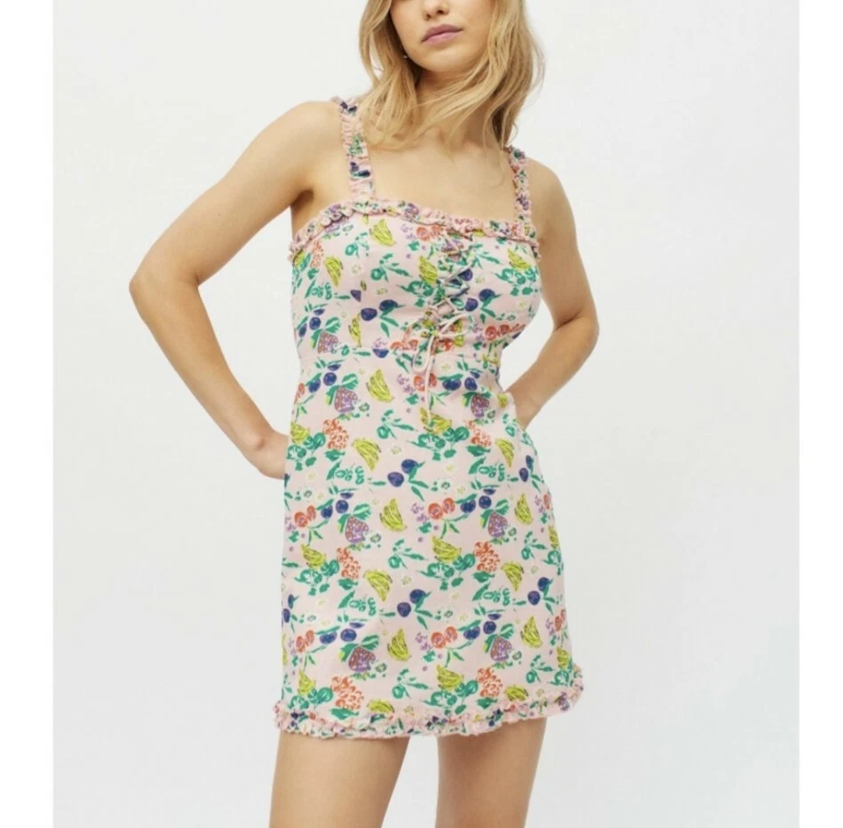 Urban Outfitters Pink Cherry Fruit Lace Up Babydoll Mini Dress XS