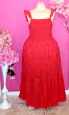 WOMEN PLUS SIZE RED EMBROIDERED SQUARE NECK RUFFLE MIDI DRESS ( SIZE UK16 )