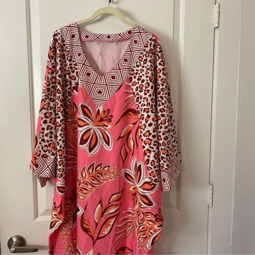 Dishiki Ramadan Floral Leopard Crew Neck Batwing Sleeve Caribbean Kaftan Dress - Picture 2 of 9
