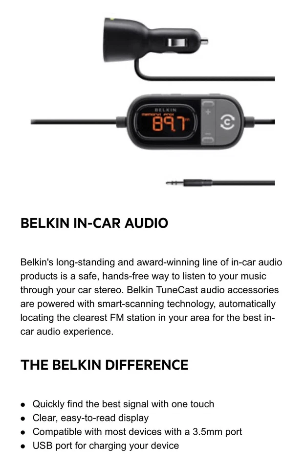 BELKIN TUNECAST AUTO UNIVERSAL HANDS FREE AUX  In Car Auto Audio Usb Charger - Image 3 of 4