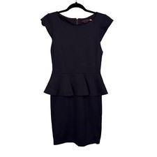 Alice + Olivia Sheath Mini Dress 8 Navy Blue Knit Peplum Employed Cap Sleeves