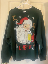 Jerzees Ugly Christmas Sweatshirt Mens XL Santa Beer Crew Neck Pullover Green