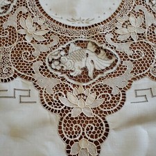 68"X96" Antique Handmade Point de Venise Needle Lace Koi Fish Banquet Tablecloth
