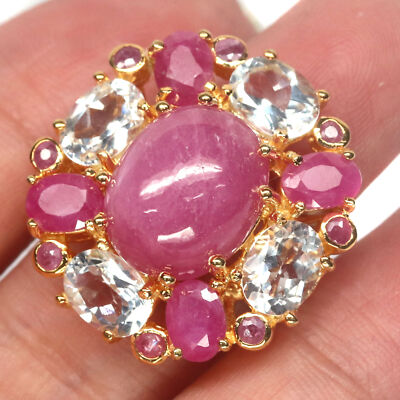 Pink Ruby Topas Halo Ring 925 Sterling Silber Floral Ringgröße 8.5