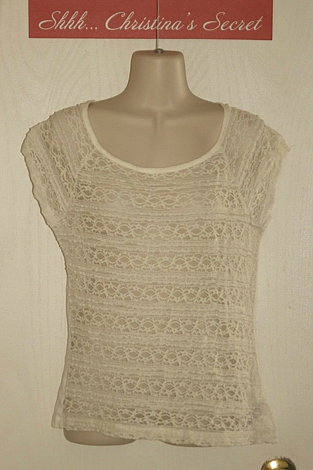 OFF WHITE Top blusa pizzo Forever 21 elasticizzato bianco sporco maniche a cappuccio carina taglia L * VG+