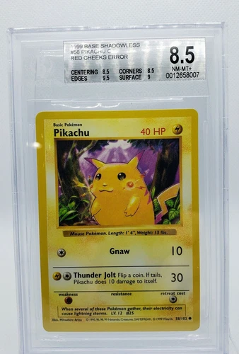Pokemon 1999 Pikachu Base Set 58/102 Red Cheeks Error Shadowless BGS 8.5 POP 7