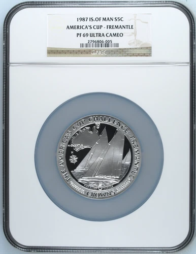 1987 Isle of Man S5C Silver 5oz America's Cup - Fremantle NGC PF69UC
