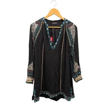 Gypsy Global Village Tunic Top Women's Size S Black Embroidered Boho Festival