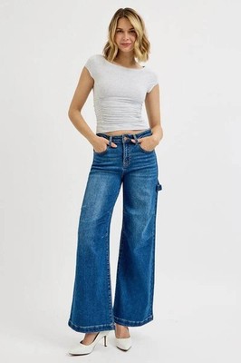 RISEN Wide Leg Jeans - High Rise Patch Detail Plus Size Dark