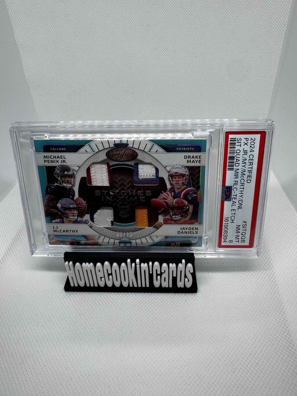Michael Penix Jr. / Drake Maye / J.J. McCarthy / Jayden Daniels #SITQ-QB Football Cards 2024 Panini Certified Stitches in Time Quad Mirror Pink Etch trading card — raw and PSA graded price guide