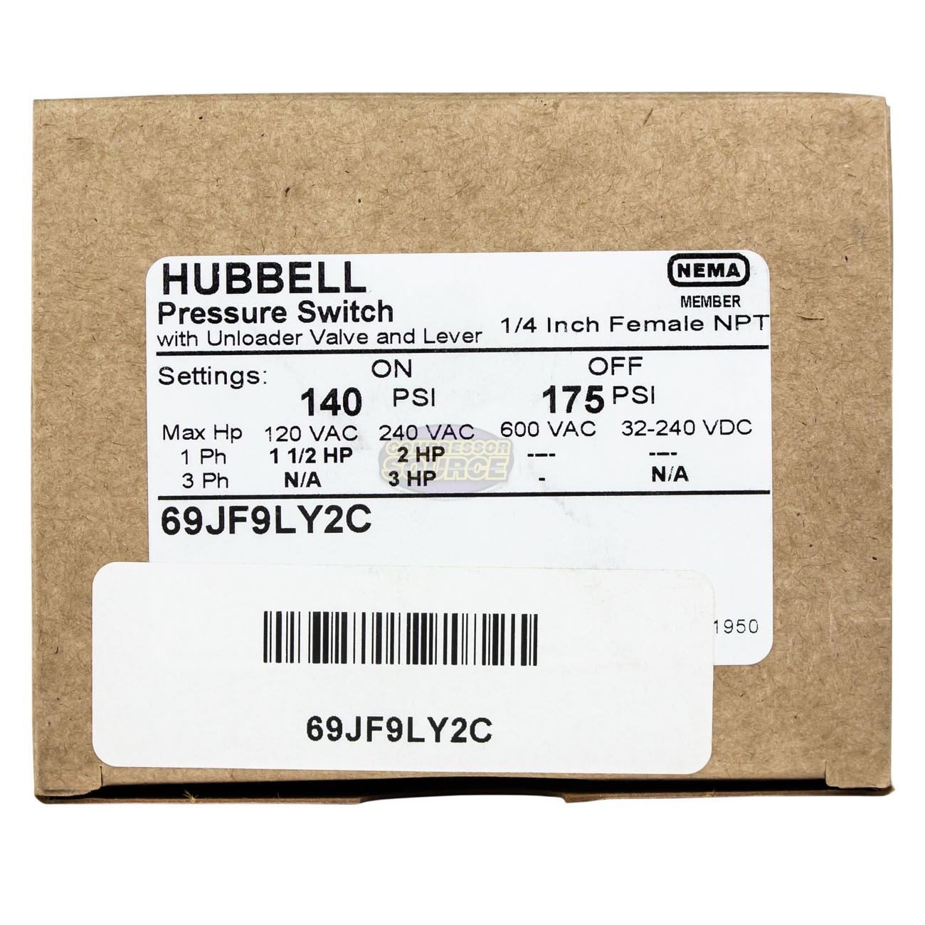 Hubbell 69JF9LY2C Furnas Air Compressor Pressure Switch Control Valve 140-175PSI