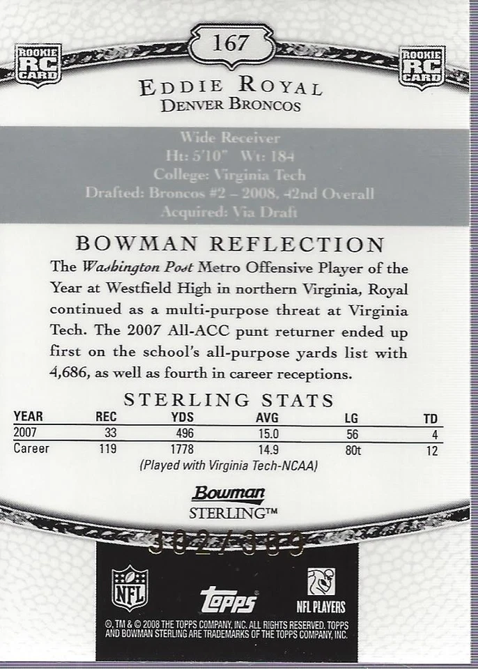 2008 Bowman Sterling Jerseys Large Swatch #167 Eddie Royal Jersey /309 - FB - Image 2 of 2