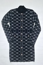 QUIZ Black & White Geometric Knit Bodycon Mini Dress Gold Lion Buttons Size M