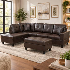 Brown Faux Leather 3-Piece Couch Living Room Sofa Set A