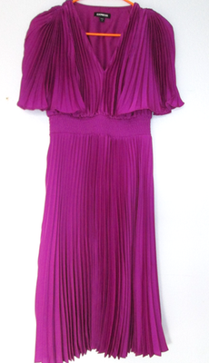 #ad Express Women Sz XS Pleated Dress Smocked Waist Bell Sleeves Party Cocktail Midi $23.00