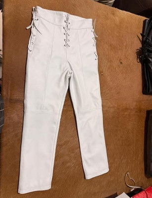 White Leather Pants High Waisted Lace Up Side Slit Biker Soft Sheep Leather Pant